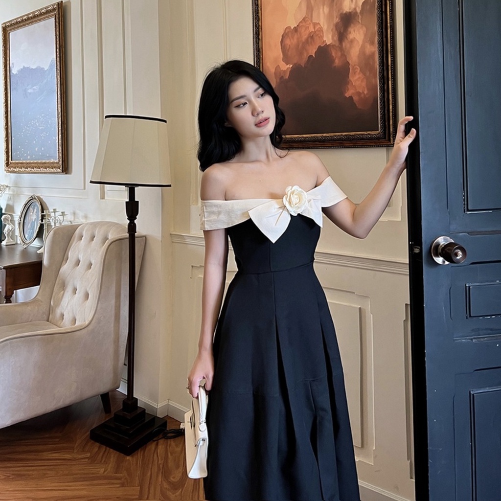 Đầm Dự Tiệc Thiết Kế Trễ Vai Nơ Ngực Kèm Tag Hoa HNK378