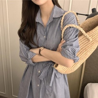 Đầm Chữ A Dáng Rộng Thiết Kế Mỏng Họa Tiết Kẻ Sọc Thời Trang Xuân Thu Phong Cách Hàn Quốc Mới