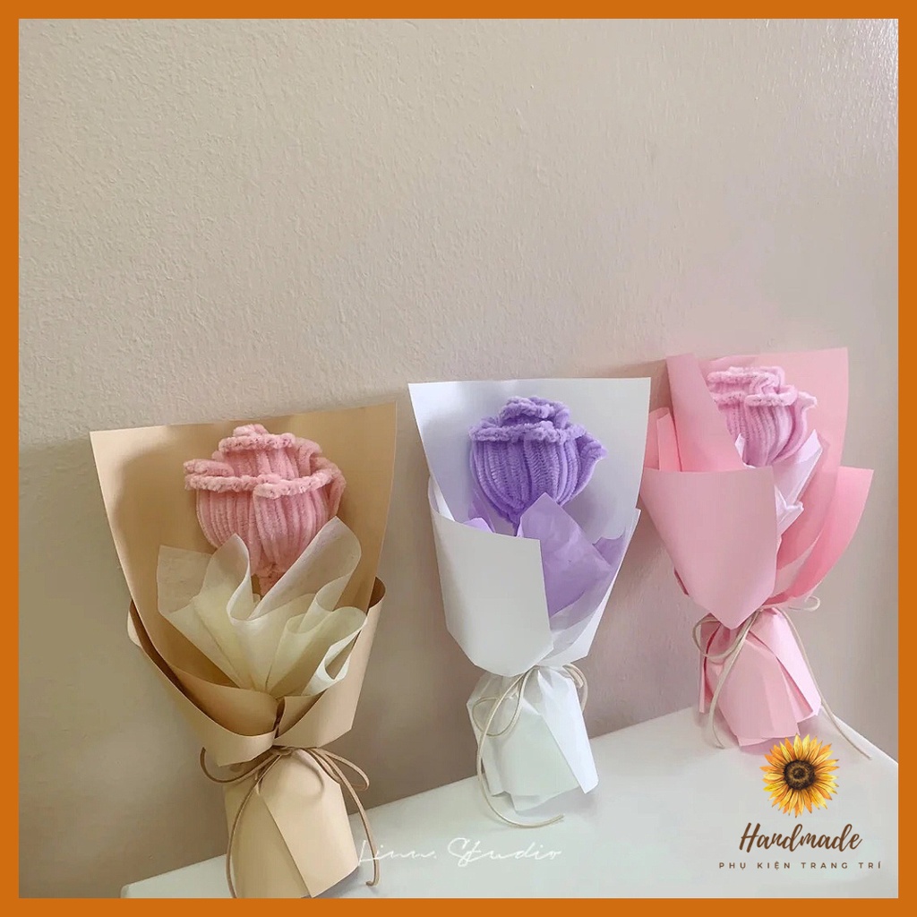 Cành hoa hồng nhung handmade bó giấy Hàn Quốc nhiều màu, làm quà tặng (chỉ còn nơ ruy băng)