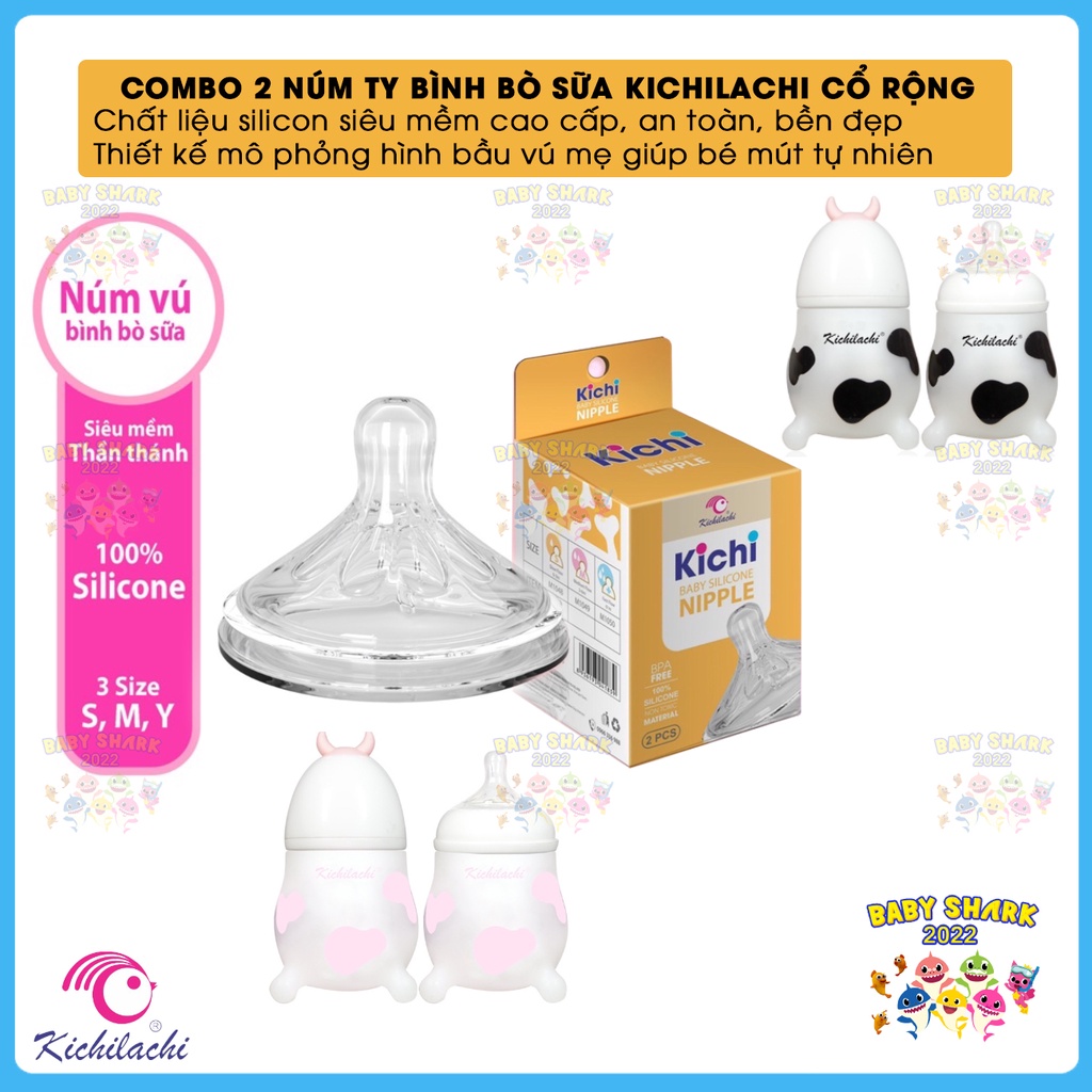 Combo 2 núm ti bình bò sữa Kichilachi cổ rộng silicone cao cấp, siêu mềm, mô phỏng bầu vú mẹ