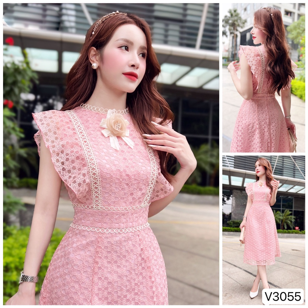 Đầm công sở dáng suông 2 lớp ren hoa GOZA V3055