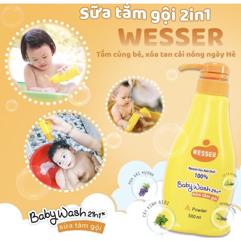 Sữa tắm gội Wesser 2 in1 cho bé  hương xạ, hổ phách và hương phấn