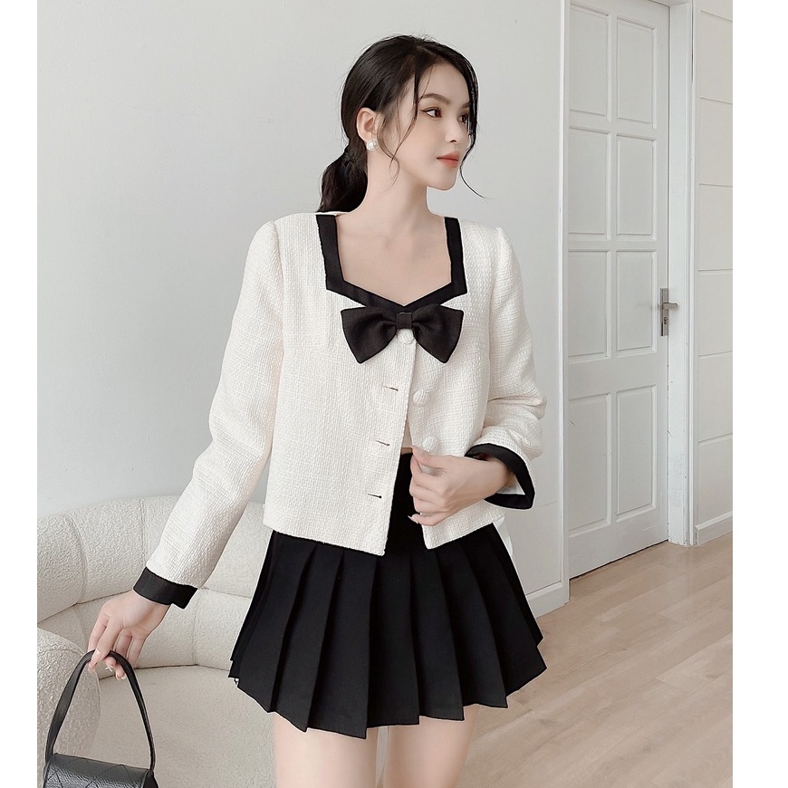 Áo khoác tweed dáng lửng cổ đính nơ LYRA thiết kế, chất dạ tweed lót lụa tiểu thư-LWTAK030