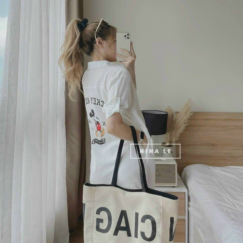 (Sale FreeShip) Đầm sơ mi from suông,đầm nữ tay gập lai có túi sau in hình chuột mickey dễ thương,chất đũi mềm mát