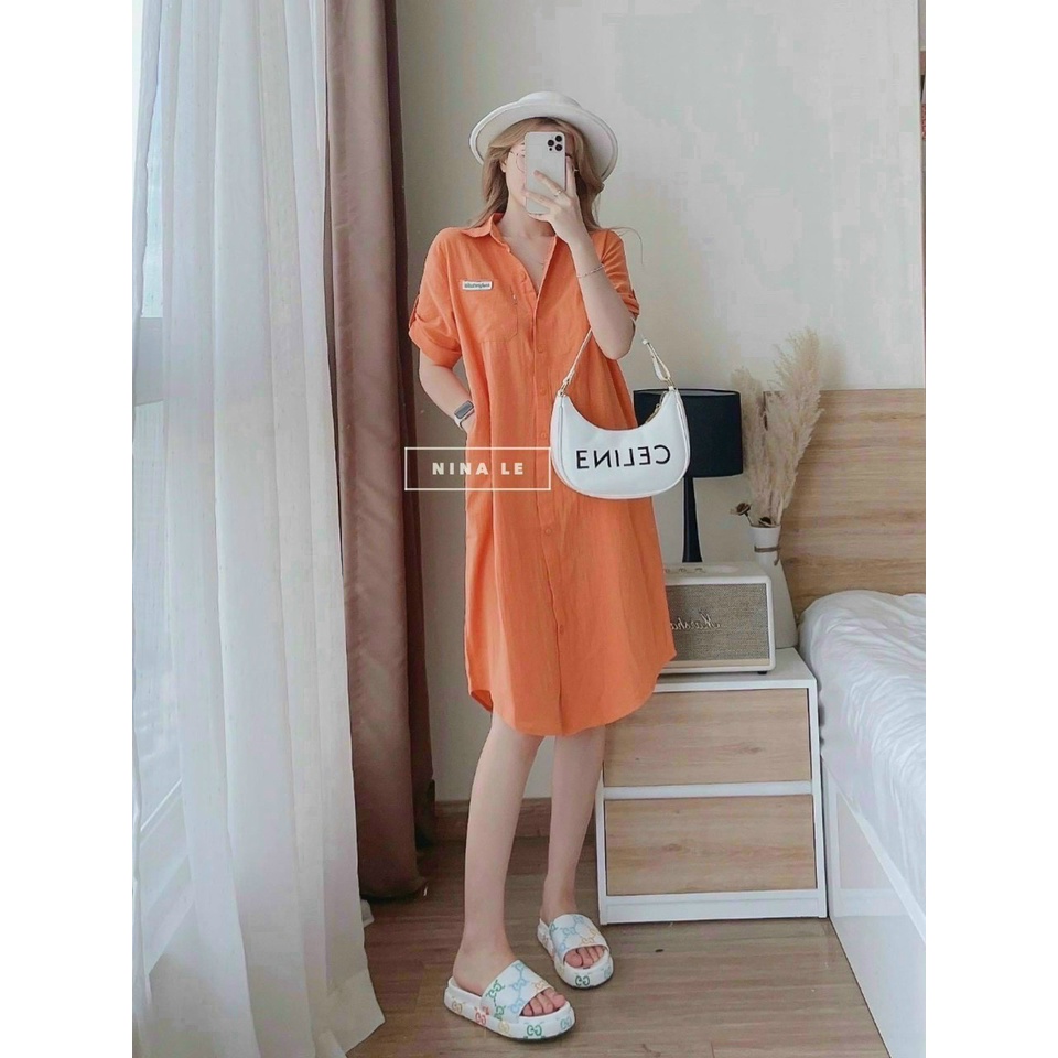 (Sale FreeShip) Đầm sơ mi from suông,đầm nữ tay gập lai có túi sau in hình chuột mickey dễ thương,chất đũi mềm mát