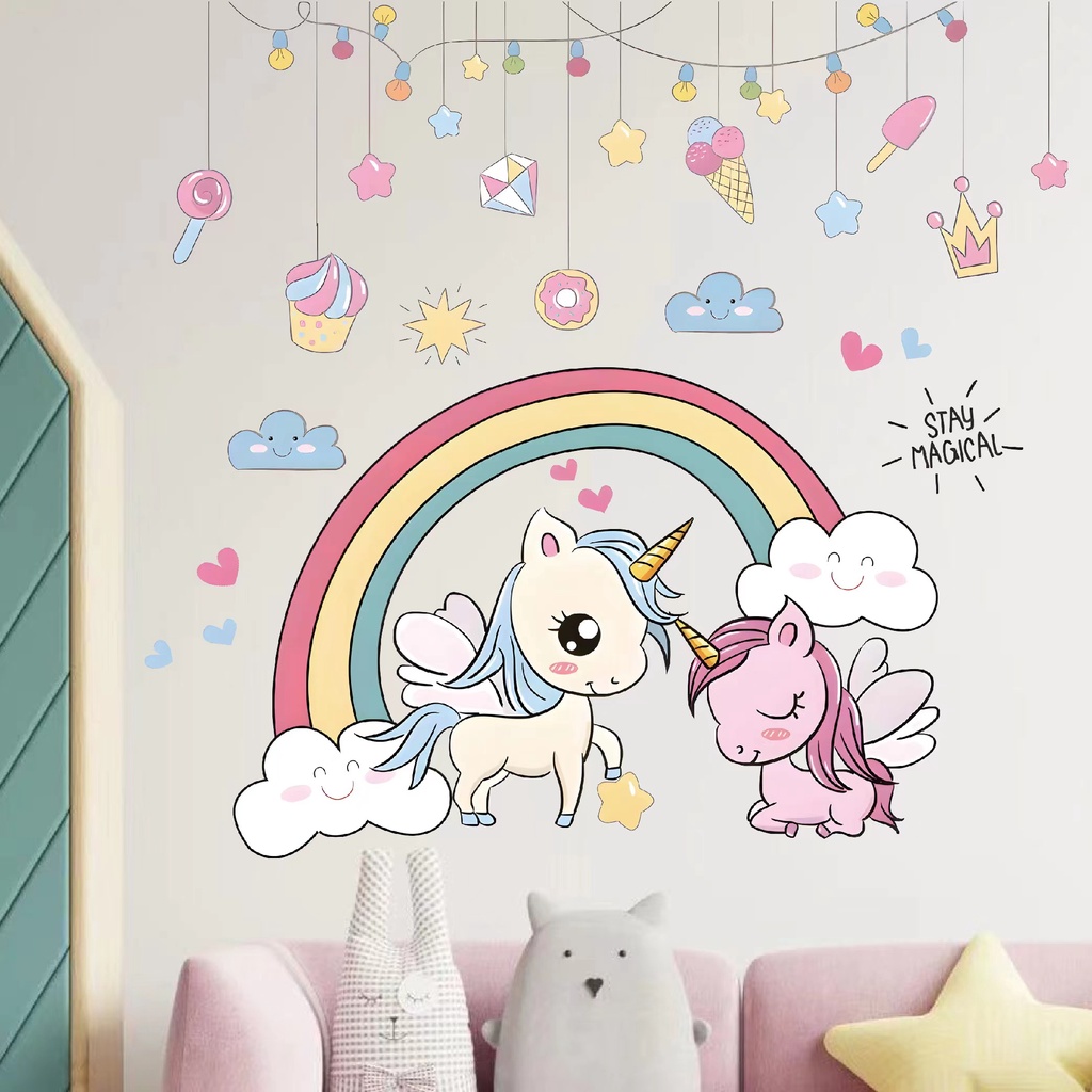 Giấy Dán Tường Hình Kỳ Lân Cầu Vồng Hoạt Hình Trang Trí Phòng Bé