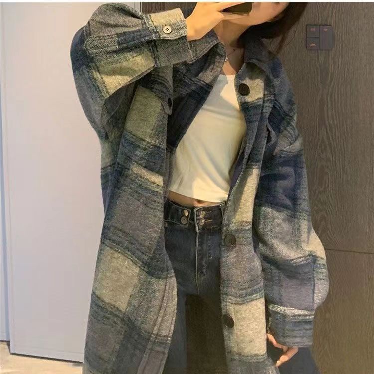 Áo Khoác Sơ Mi Tay Dài Dáng Rộng Họa Tiết Kẻ Sọc Thời Trang Thu Đông Hàn Quốc Mới Cho Nữ