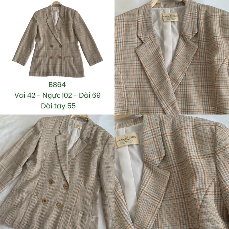 Áo khoác blazer menswear nam nữ B864 caro có độn vai form nhấn eo nhẹ chất vải dày dặn 2hand Nhật si tuyển ảnh thật