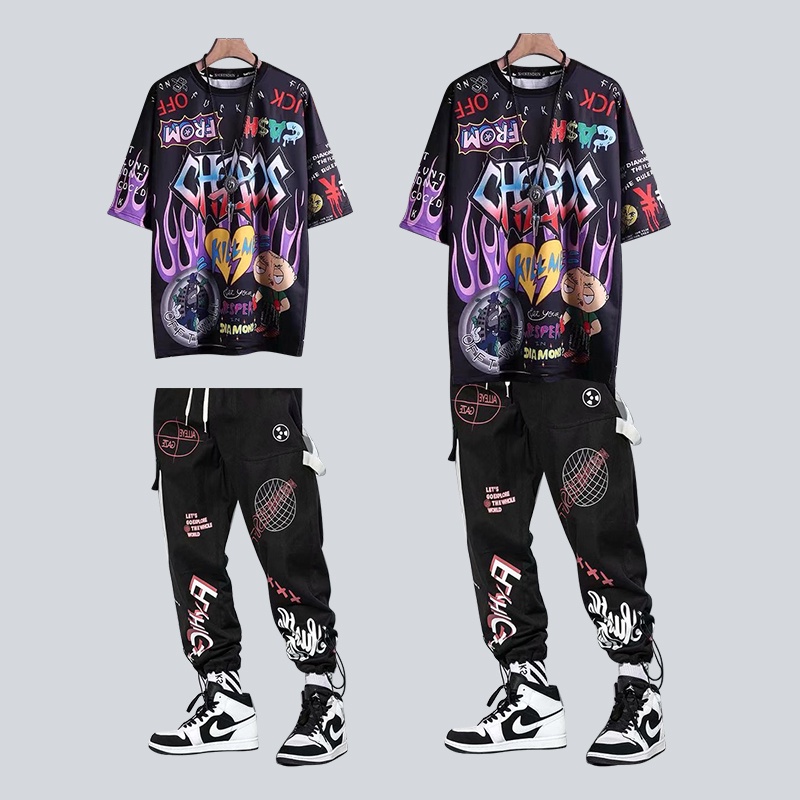 Bộ Nam Với ​Set Áo Thun Tay Ngắn Phối Quần Dài In Họa Tiết graffiti Phong Cách Hip Hop Cá Tính