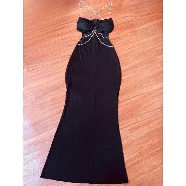 Đầm đen body loe dáng dài khoen ngực khoét eo 2 dây kết đính đá sexy siêu xinh đi dự tiệc sang trọng dạ hội quý phái