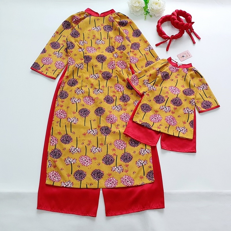 Áo Dài Cách Tân Nhung Tăm Phối Đỏ Cao Cấp Kèm Mấn Cho Mẹ Và Bé 4-64kg