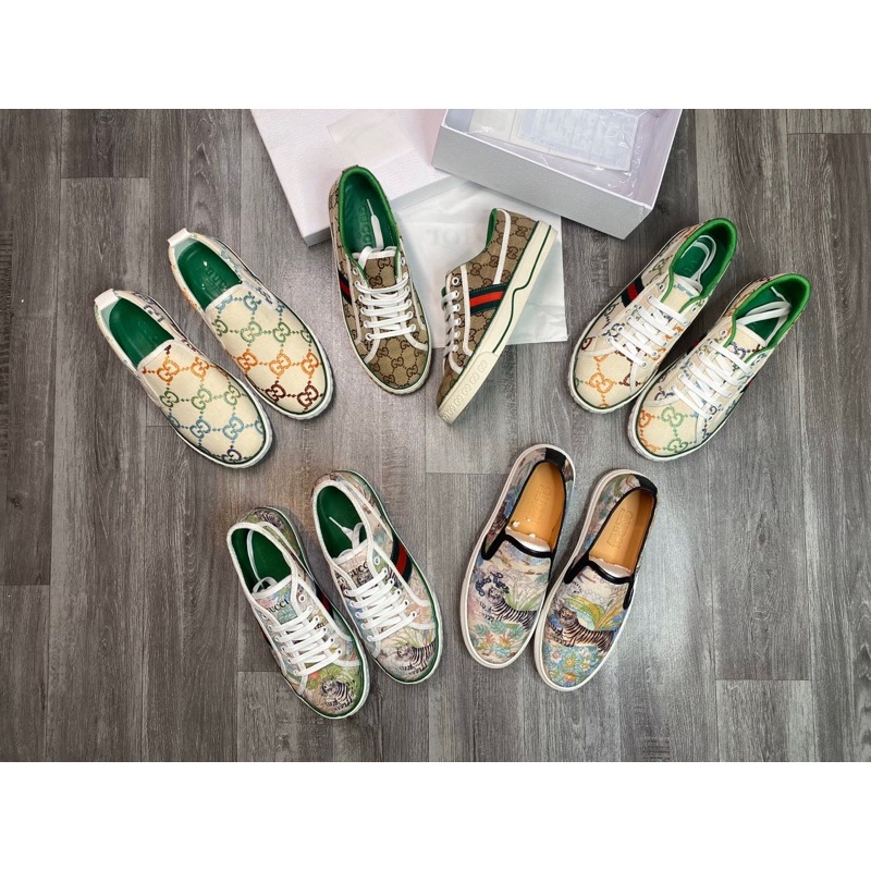Giầy slipon GC , giày buộc dây Guccii trâng xanh thêu chỉ màu