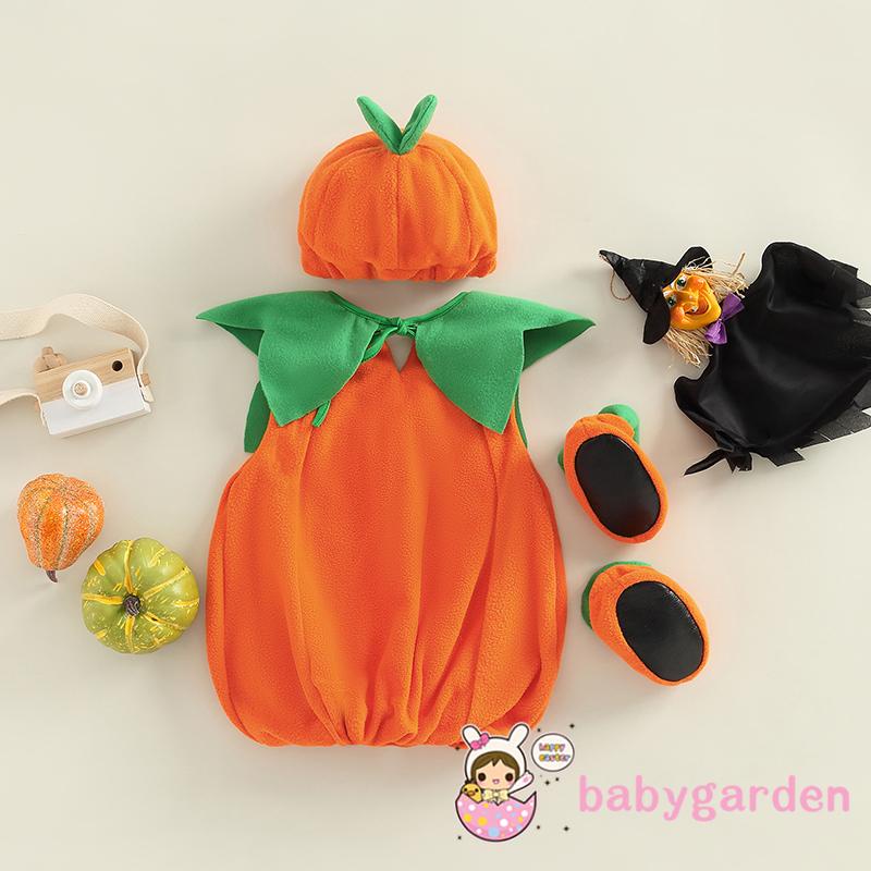 Set Áo Liền Quần + Mũ + Giày Hình Bí Ngô Dễ Thương Cho Bé