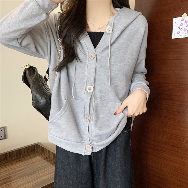 Áo khoác hoodie SUXI tay dài màu sắc đơn giản cho phái nữ