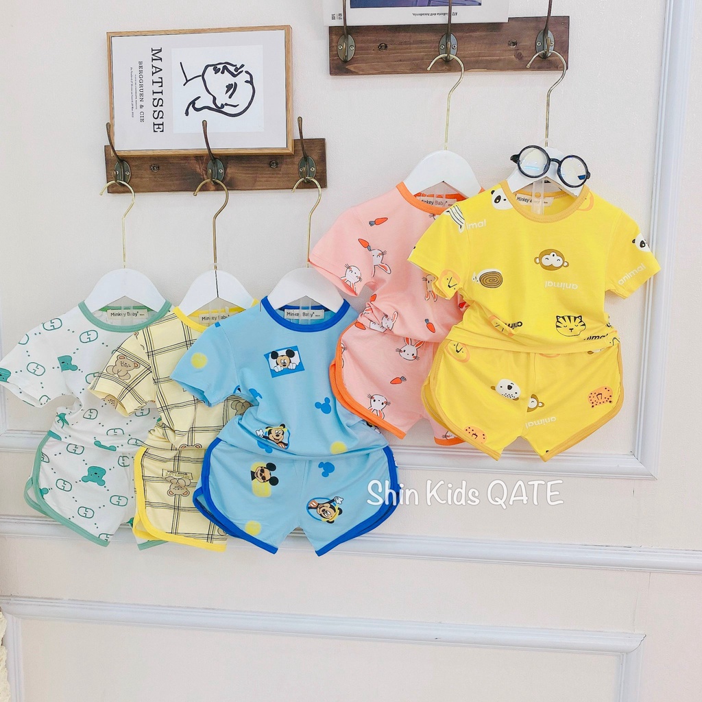 Có Size Đại(6-32kg) Đồ Bộ Thun Lạnh Bé Trai,Bé Gái.Bộ Cộc Tay Minkey Baby In Gấu Vuông Siêu Xinh Dành Cho Bé.