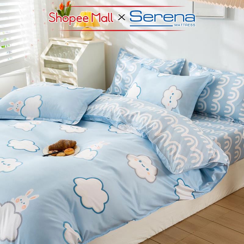 Bộ Ga Giường Cao Cấp Full 5 Món Cotton Poly SERENA MATTRESS Bộ Chăn Ra Drap Gối Đệm Nệm Trải Phủ Bọc Giường Trần Bông