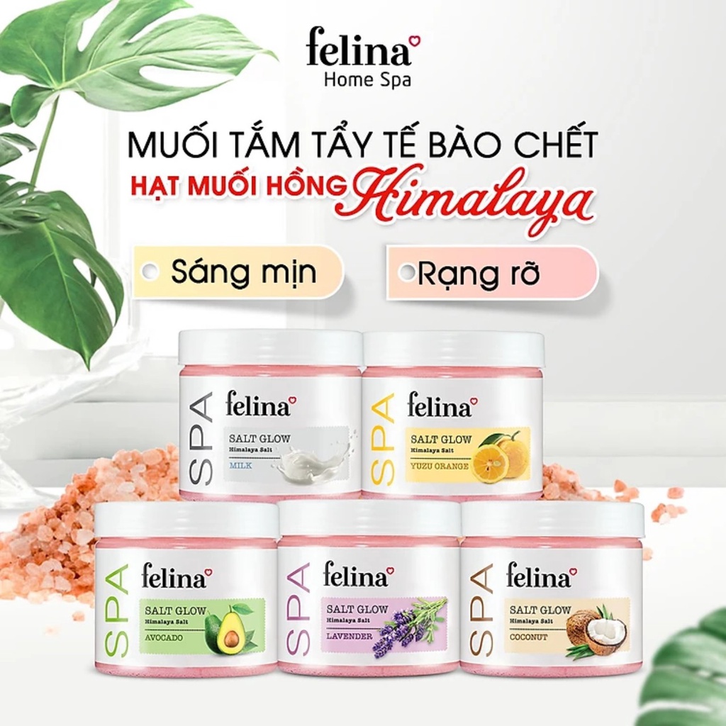 Muối tắm tẩy tế bào chết body Felina Home Spa ĐỦ LOẠI 500g-220g từ hạt muối hồng Himalay tinh khiết