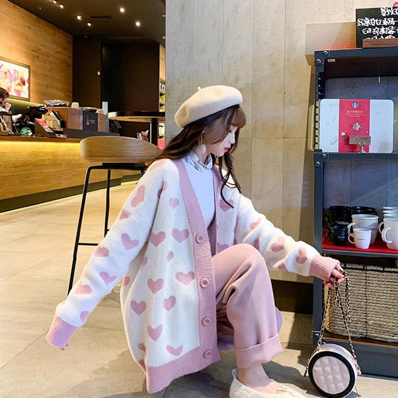 Áo Len Khoác cardigan Dệt Kim Dáng Rộng Hình Trái Tim Xinh Xắn Cho Nữ