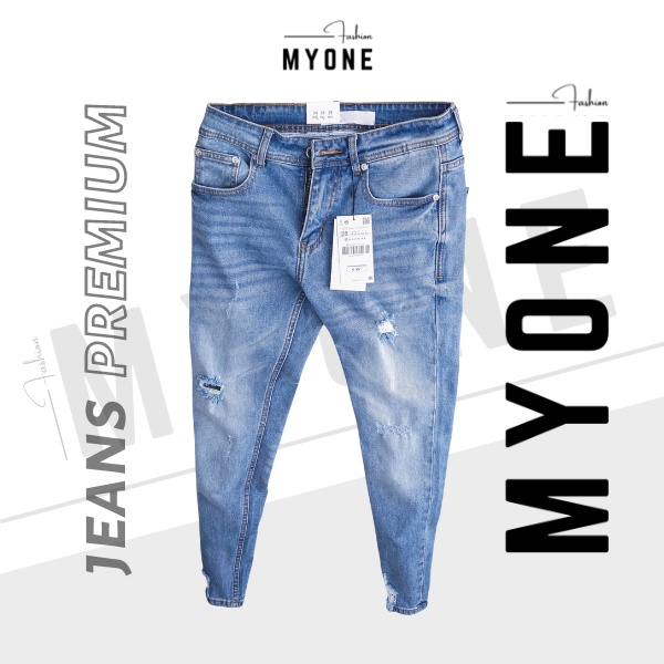 22361 - Quần jean nam rách gối, form slimfit, màu xanh da trời, co giãn, MyOne