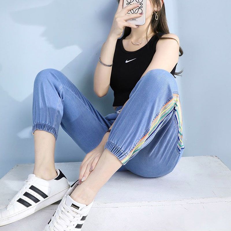 Quần Jeans harem Lưng Cao Dáng Rộng Hoạ Tiết Kẻ Sọc Cầu Vồng Thời Trang Mùa Hè 2022 Có size Lớn Dành Cho Nữ