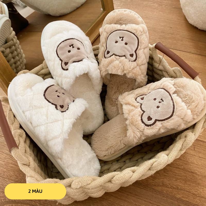 Dép lê nữ dép lông đi trong nhà thêu hình gấu đế cao su siêu bền giữ ấm êm chân Xiaomimi