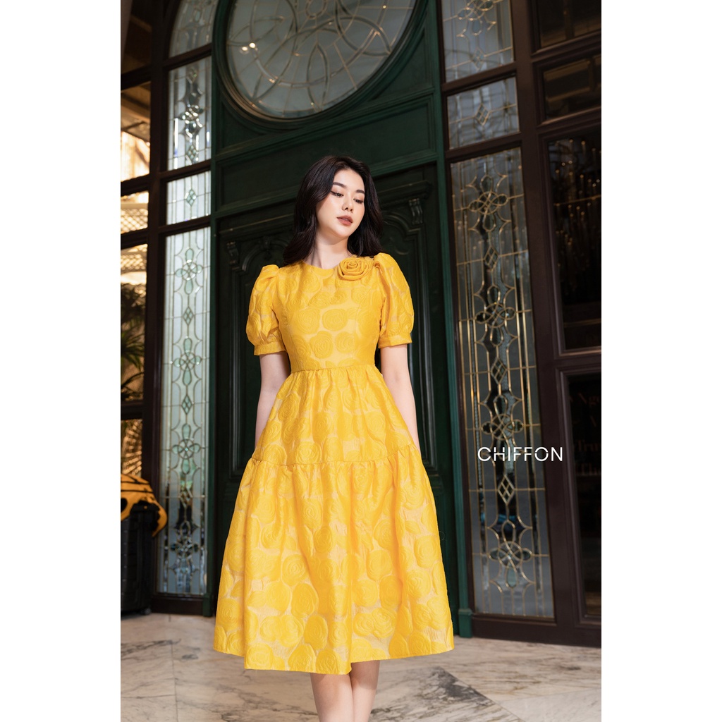 Váy xòe nữ in hoa cao cấp thiết kế Chiffon