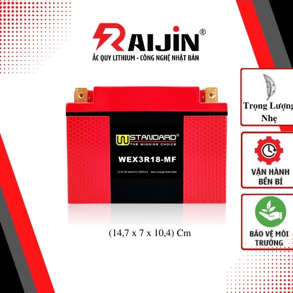 Bình ắc quy xe máy lithium WEX3R18-MF điện áp 12,8V 390CCA nhập khẩu USA dành cho xe mô tô dung tích xi-lanh lớn.