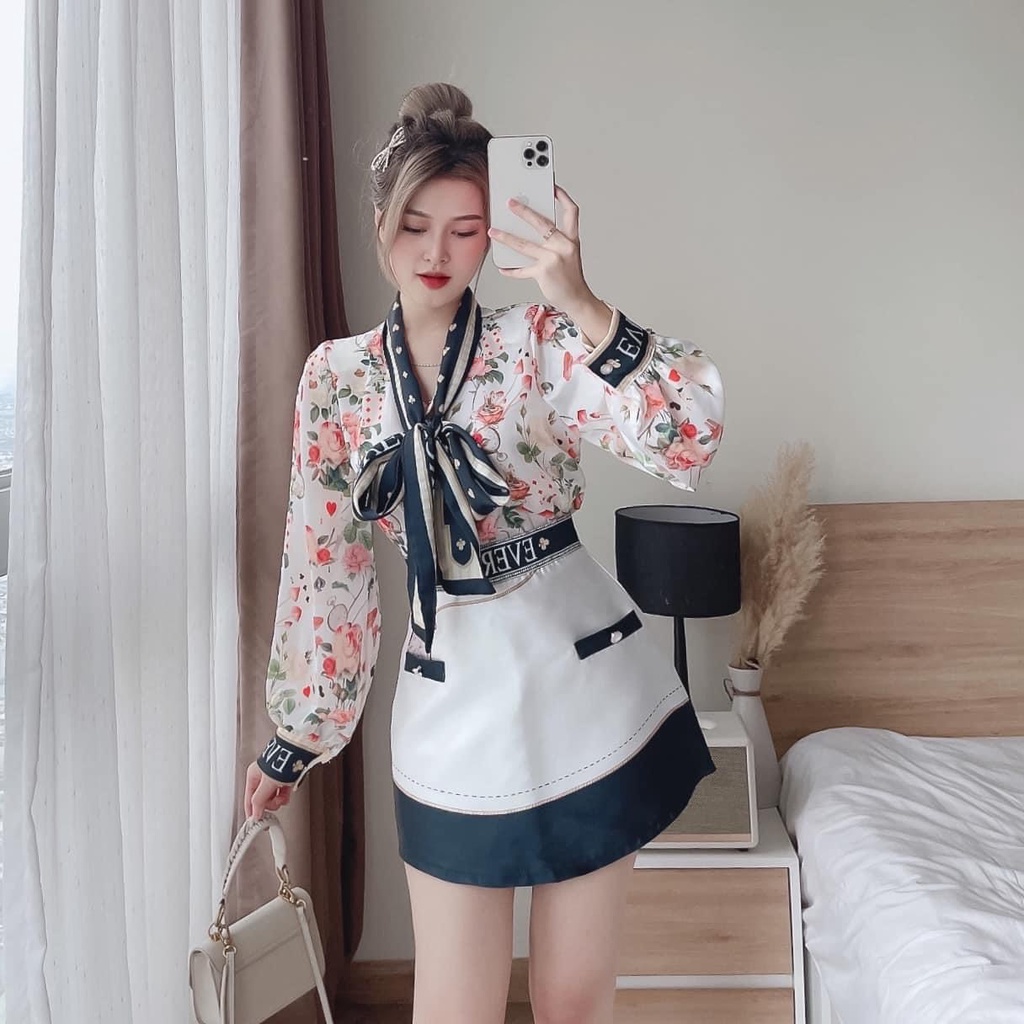 SET ÁO SƠ MI HOA THẮT NƠ CỔ VIỀN + CHÂN VÁY VIỀN CHỮ
