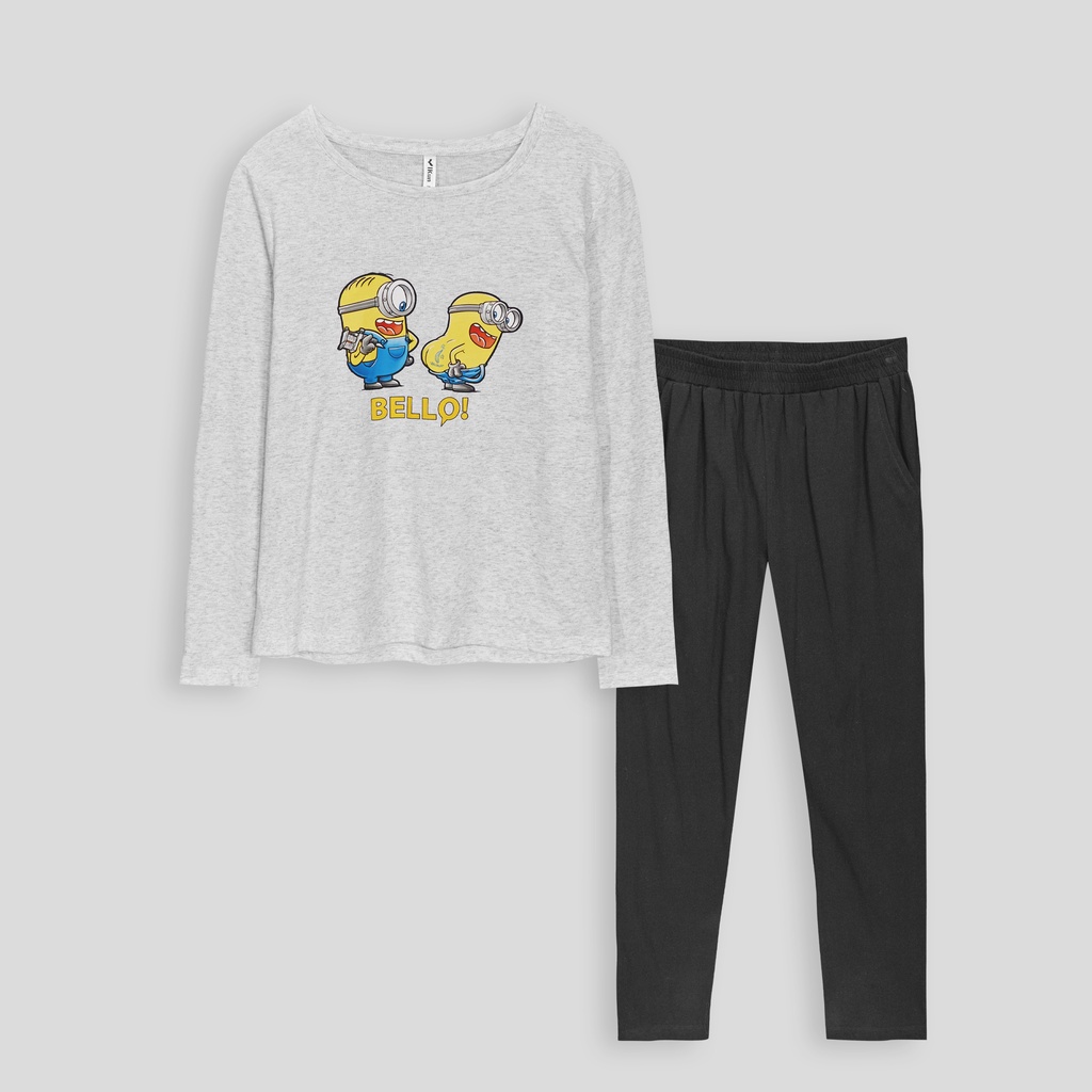 Bộ đồ ngủ dành cho nữ in hình minion dễ thương, chất liệu cotton mềm mại, bộ đồ quần áo dài tay phù hợp mặc nhà đi chơi