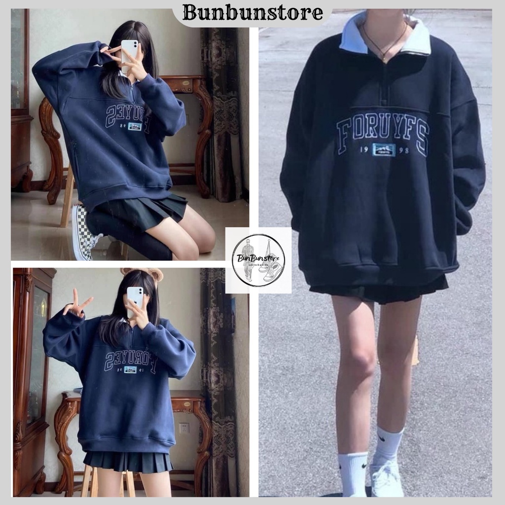 Áo sweater Polo unisex, Áo Nỉ PoLo Khoá Cổ Dài Tay Bồng Form Rộng Cá Tính Ulzzang