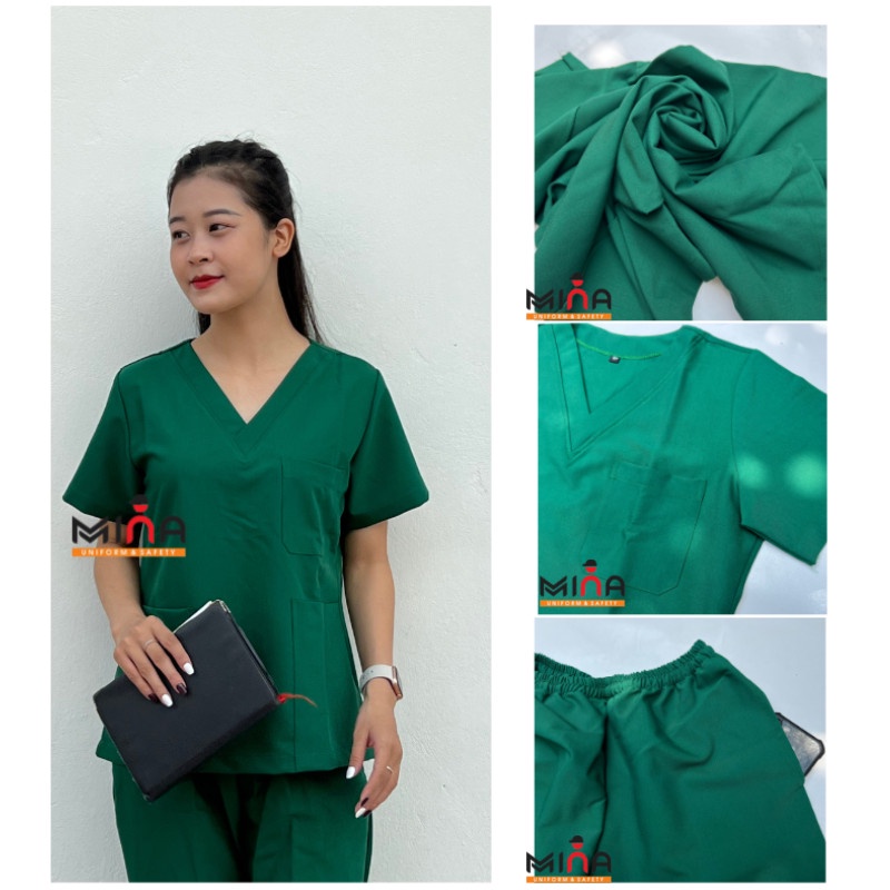 Bộ scrubs bác sĩ, quần áo y tế phẫu thuật - Màu Xanh lá VẢI CAO CẤP (Có hình ảnh thực tế)