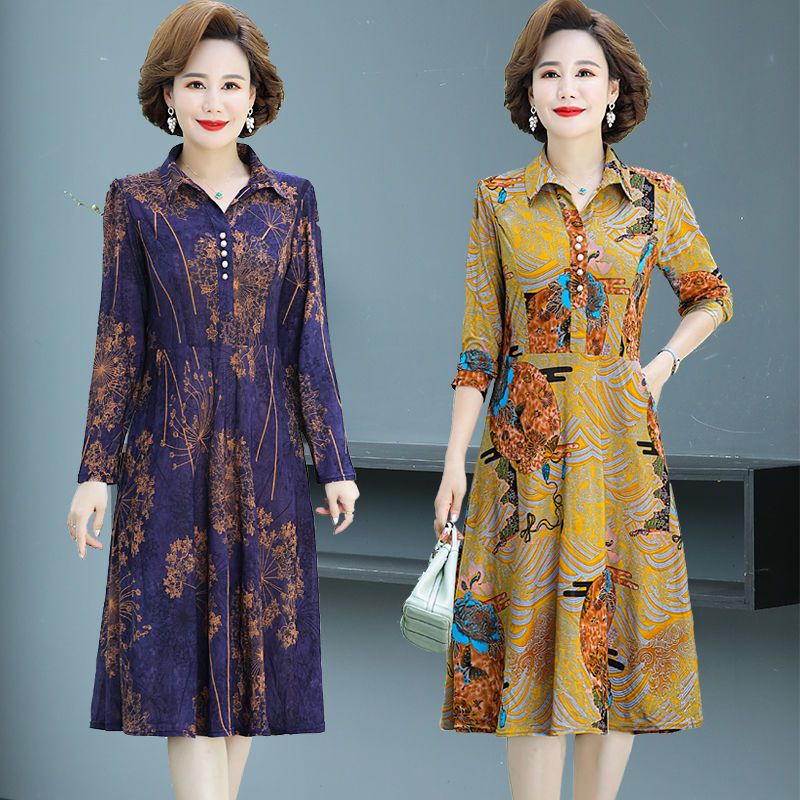 Mẹ trung niên váy hoa dài tay xuân thu, quần áo phụ nữ trung niên