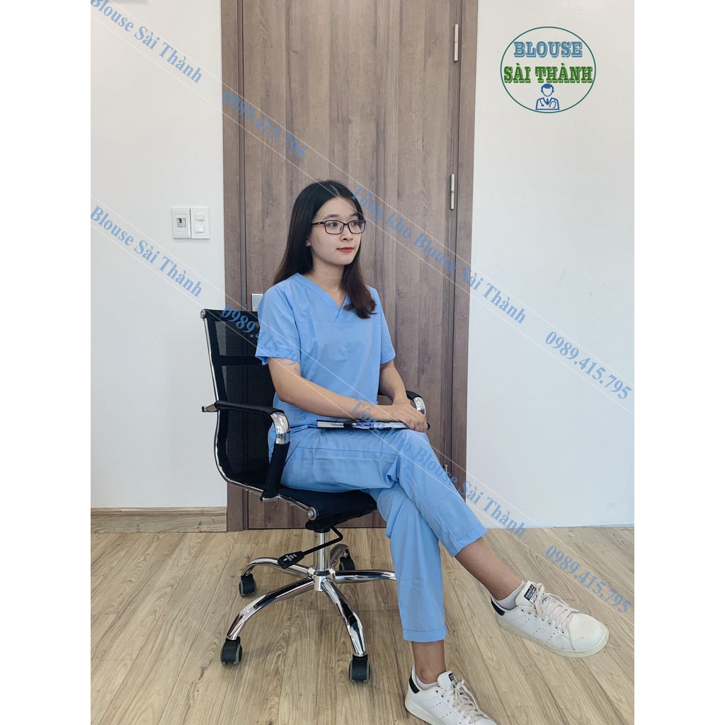 Bộ Scrubs Màu Xanh Biển Vải Kate, Vải Lon - Tổng Kho Blouse Sài Thành