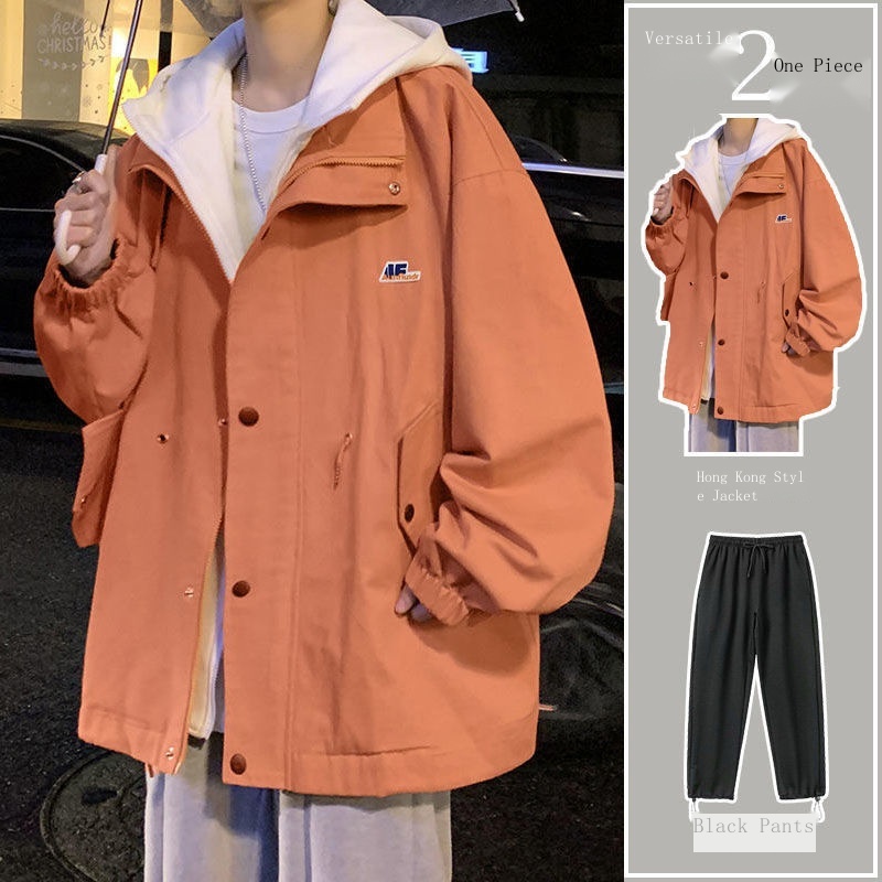 Hàng Có Sẵn Áo Khoác Giả Hai Lớp Có Mũ Trùm Dáng Rộng Phong Cách Hip Hop Mùa Thu Cho Nam