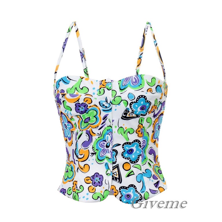 Áo Tank Top Không Tay In Họa Tiết Hoa Hoạt Hình Khoét Sâu Gợi Cảm