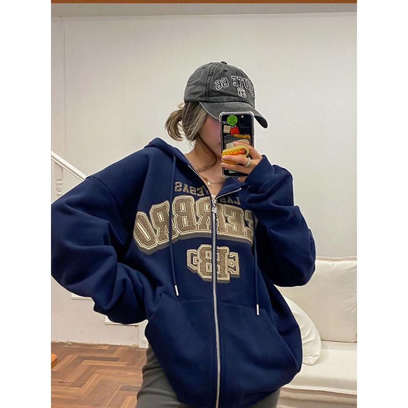 Áo Khoác Cardigan Có Mũ Trùm Bằng Vải Nỉ In Họa Tiết Phong Cách Retro Mỹ Thời Trang 2022 Mới Cho Nữ