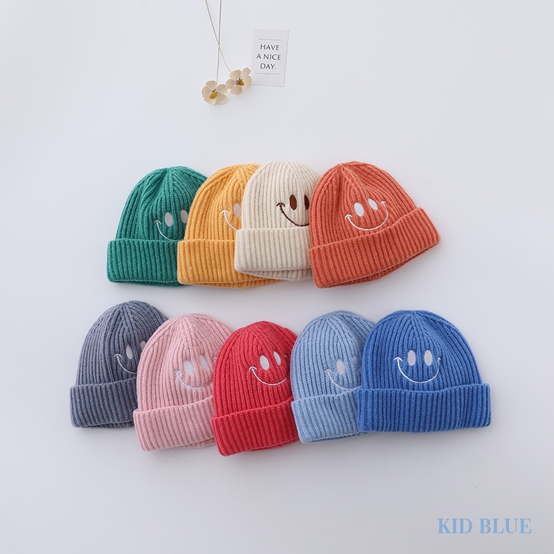 Mũ Len Ấm Áp Thêu Hình Mặt Cười Màu Sắc Ngọt Ngào Cho Bé