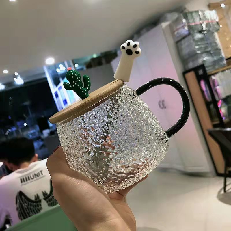 Cốc Thủy Tinh Chịu Nhiệt Cao Có Nắp Và Muỗng Họa Tiết Hoa Dễ Thương Cho Học Sinh