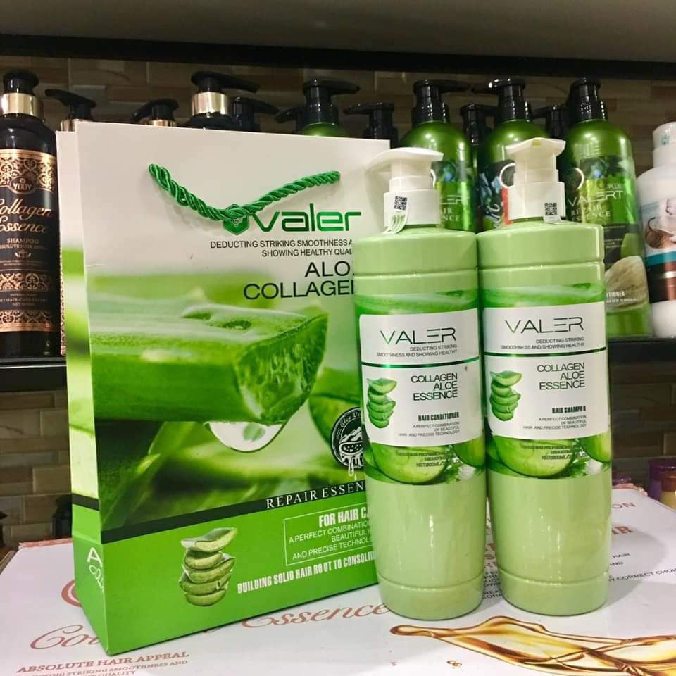Cặp Dầu Gội Xả Lô Hội Tái Sinh Nha Đam  Valer Collagen Aloe Essence Chính Hãng 800ML