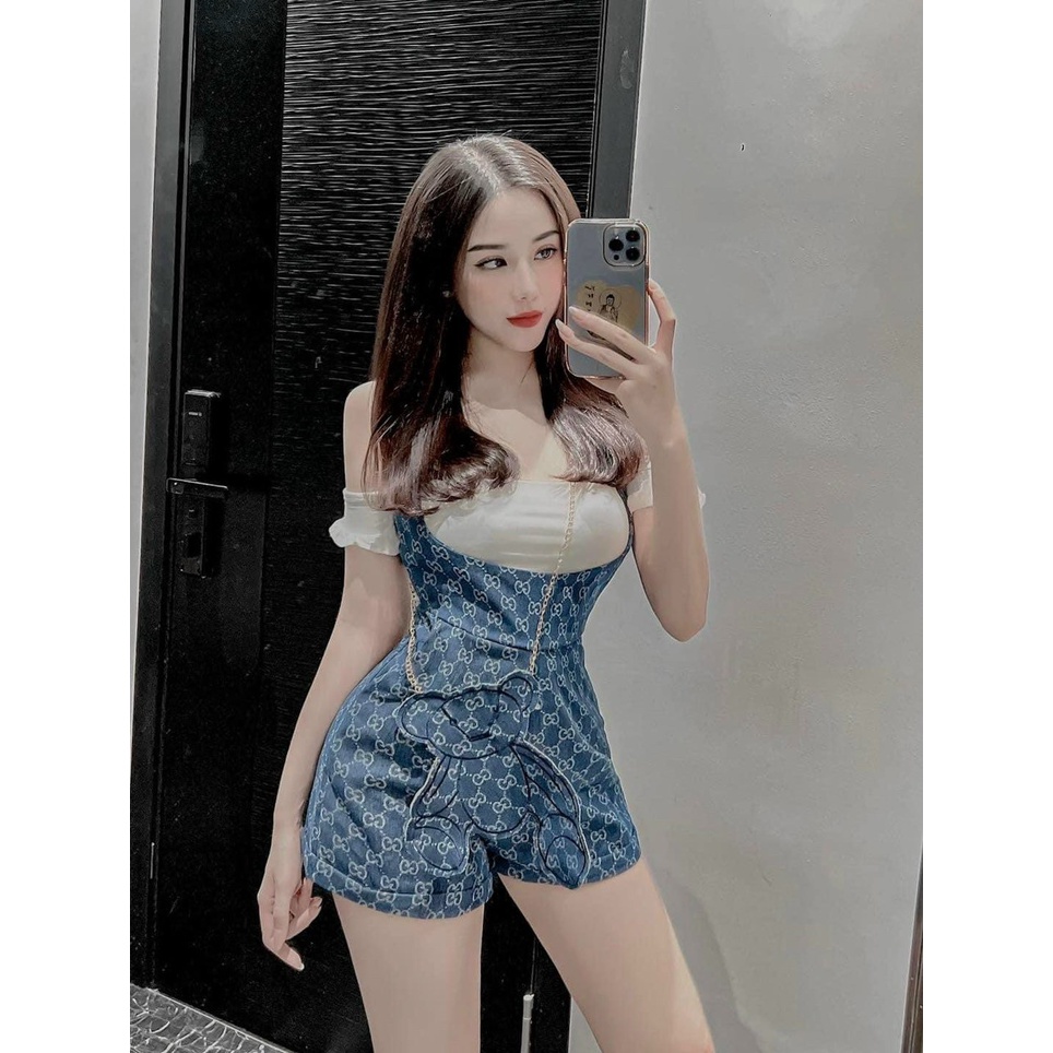 Set quần yếm họa tiết kèm dây đeo gấu áo bẹt vai teen girl đẹp xinh giá rẻ