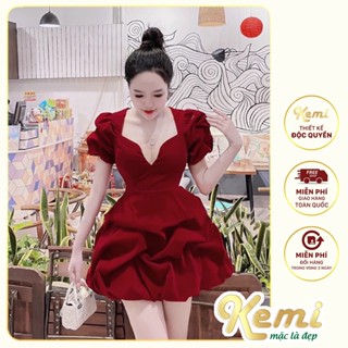Váy nhung tay bồng xẻ ngực phối lưới đầm bồng bềnh Kemi dáng tiểu thư công chúa dự tiệc sinh nhật dạo phố