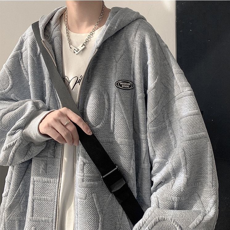 Áo hoodie khóa kéo form rộng chùm mông unisex nổi vân ICON ngực Hàn Quốc