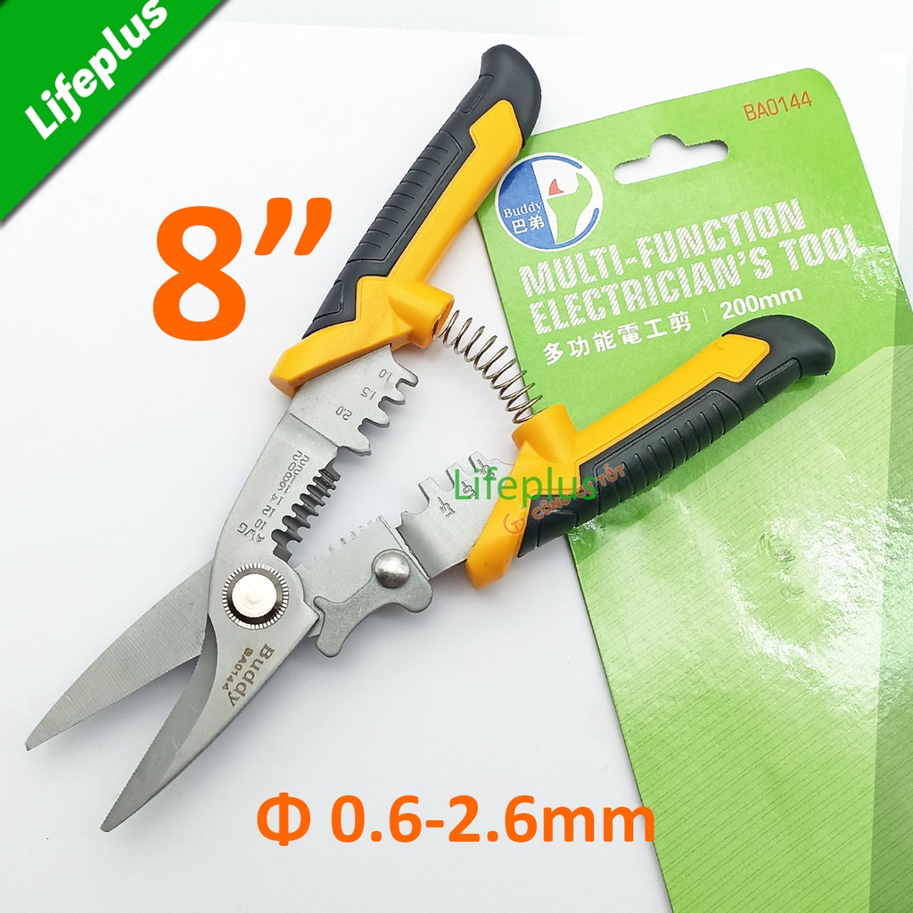 Kìm cắt tuốt dây điện và bấm cos đa năng ⌀0.6-2.6mm Buddy BA0144 Đài Loan
