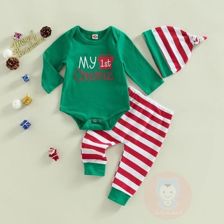 Set áo liền quần + quần dài kẻ sọc + mũ xinh xắn cho bé sơ sinh laa6