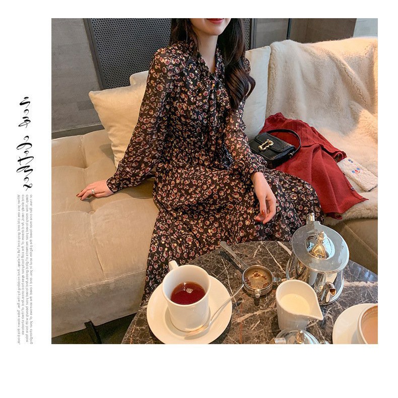 Đầm Voan Hoa Tay Dài Cổ Chữ V Phong Cách Retro Pháp Thanh Lịch Cho Nữ 2022