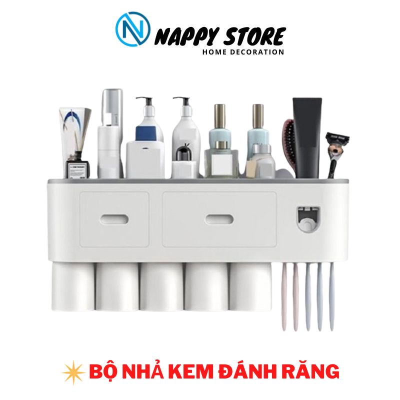 Bộ Nhả Kem Đánh Răng Tự Động Đựng Chải Đánh Răng Dán Tường Cao Cấp OENEN - Tặng Kèm Miếng Dán