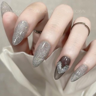 Bộ 10 móng tay giả - nailbox thiết kế theo số đo màu đen thạch đính tim nhũ flash