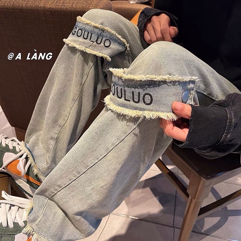 Quần bò jeans ống rộng màu bụi thêu chữ cách điệu hot trend Ulzzang unisex siêu chất ❤️