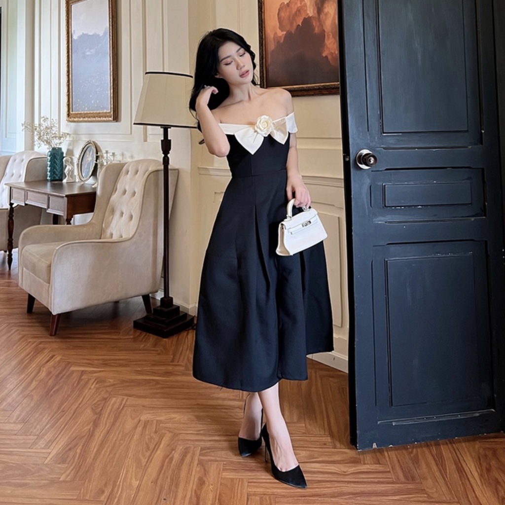 Đầm Dự Tiệc Thiết Kế Trễ Vai Nơ Ngực Kèm Tag Hoa HNK378