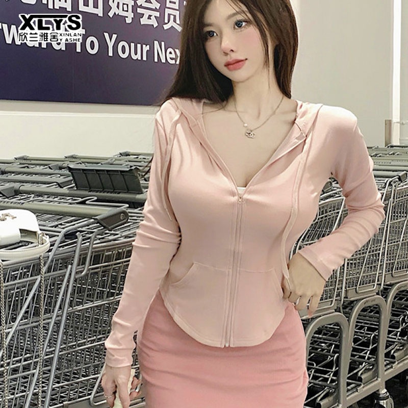 Áo khoác cardigan XINLANYASHE thiết kế mỏng tay dài có khóa kéo màu trơn đơn giản phong cách xuân thu Hàn Quốc